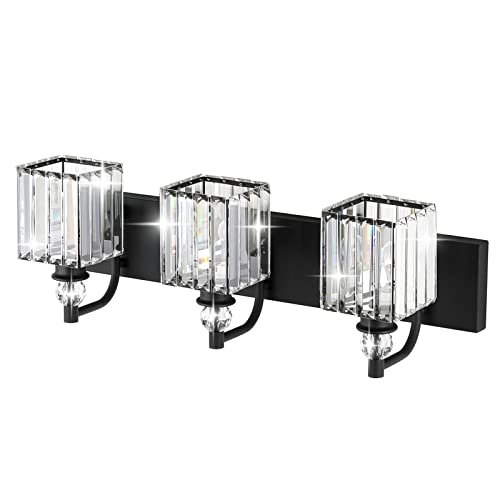 Crystal Black Vanity Light for Bathroom 3 Light 24''Modern Matte Black Bathroom Vanity Lighting Fixtures Over Mirror