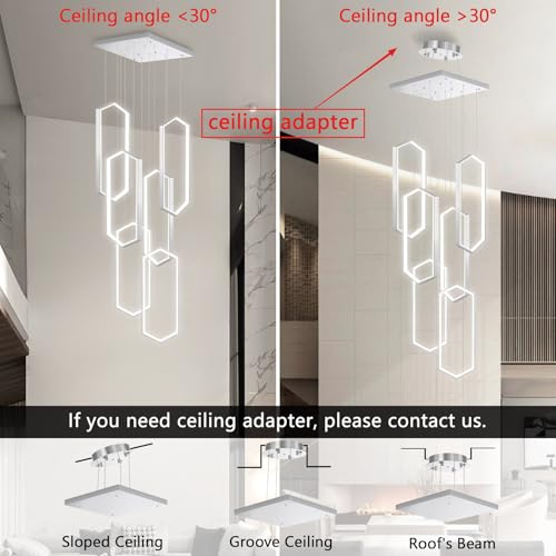 6 Rings Modern Chandelier LED Dimmable Pendant Lighting Adjust Flush Mount Ceiling Light for Foyer Lobby Living Room Staircaes Sliver 78.7''
