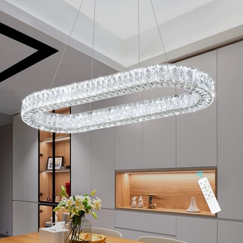 L40 x W16 Modern Oval Crystal Chandelier Glam Dimmable LED Crystal Ceiling Chandeliers for Dining Room Kitchen Island Chrome