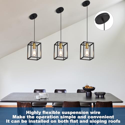 Black Pendant Lights for Kitchen Island Industrial Lantern Pendant Light Fixtures with Golden lamp Cup (3 Count)