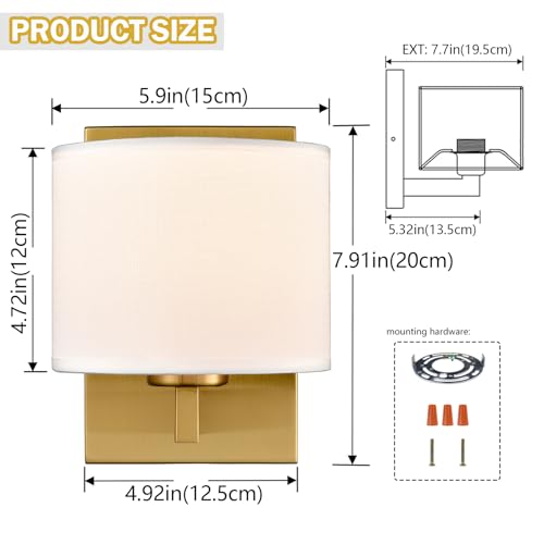 Modern Gold Wall Sconces Set of 2 with Linen Drum Shade (2 Count)