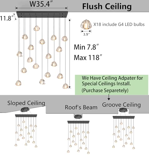 W35 x D11.8 x H118 Rectangular Chandelier Bubble Crystal Balls Glam Chandeliers Dimmable Light High Ceiling Pendants Light Fixtures Adjustable Long Lights Black