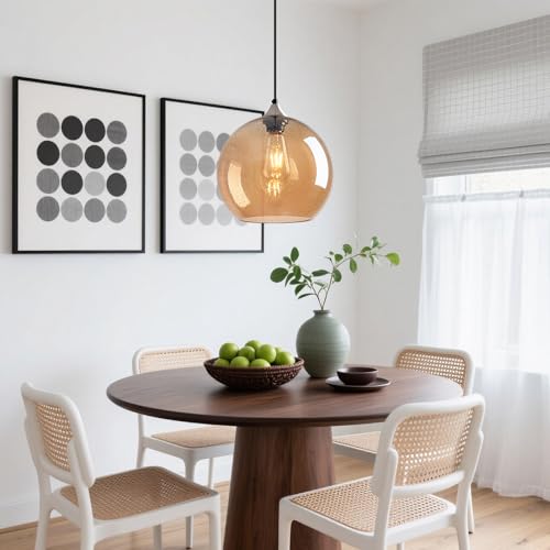 Amber Glass Pendant Lights Kitchen Island Globe Pendant Light Fixtures Modern Pendant Lighting for Bedroom Living Dining Room Light Fixture (3 Count)