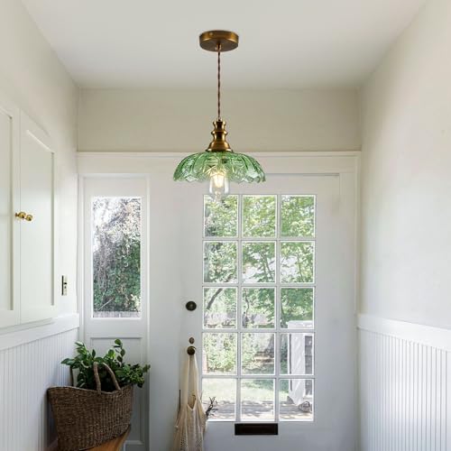 1 Light Pendant Light with Brass Gold Metal Green Glass Shade and Adjustable Cord Industrial Ceiling Hanging Light for Kitchen Island Bar Dining Room Bedroom Foyer Hallway Farmhouse