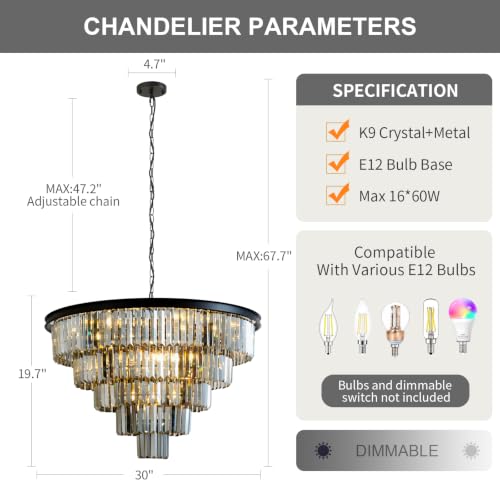 Smoke Gray Crystal Chandelier Modern Large Dining Room Light Fixture