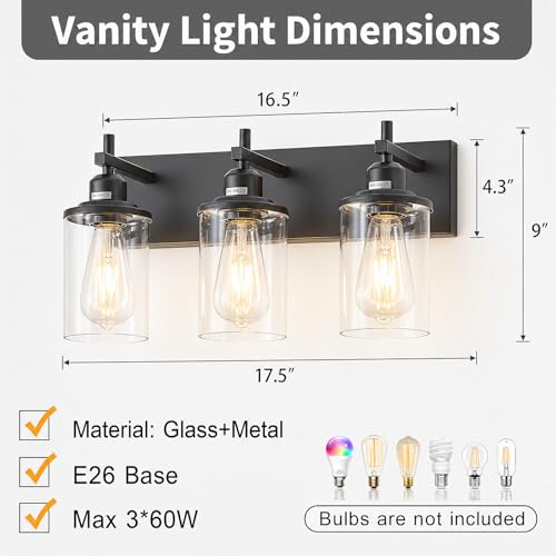 3 Light Black Bathroom Light Fixture Over Mirror Modern Farmhouse Bathroom Vanity Light Vintage Wall Lighting with Clear Glass Shade for Bathroom (3 Count)