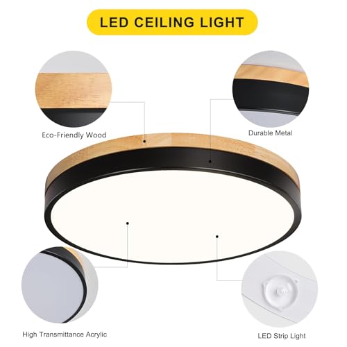 Modern Wood Black Flush Mount Ceiling Light 11.81 Inch