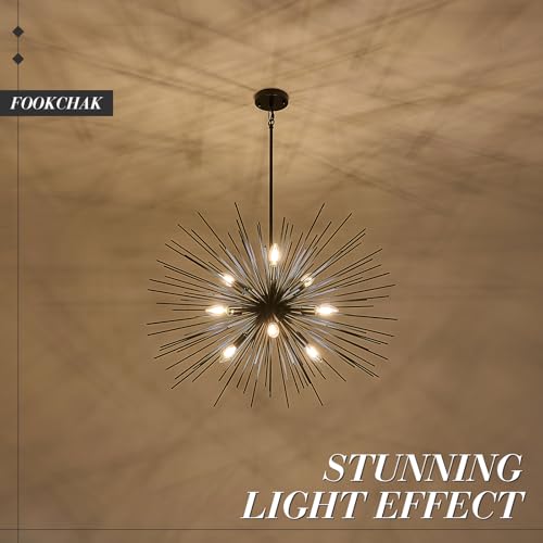 32in Black Sputnik Chandelier Solid Metal Starburst Light Fixture 9 Light