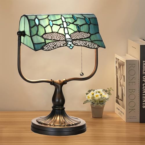 TL0030 Dragonfly Tiffany Banker Desk Lamp Stained Glass Green Shade with Vintage Bronze Base W10.25 X OH13 Inches