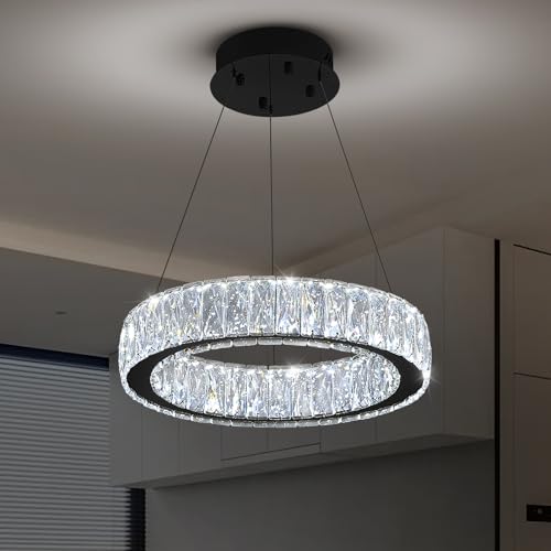Modern LED Dimmable Crystal Chandelier 15.7in Black Ring Pendant Light Adjustable Round Crystal Chandelier Light for Dining Room Living Room