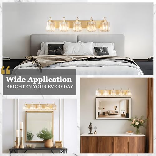 5 Lights Brushed Brass Bathroom Light Fixture Gold Vanity Lights Modern Crystal Bathroom Vanity Lighting Over Mirror Wall Sconce with K9 Crystal Shade E26 Base for Living Room