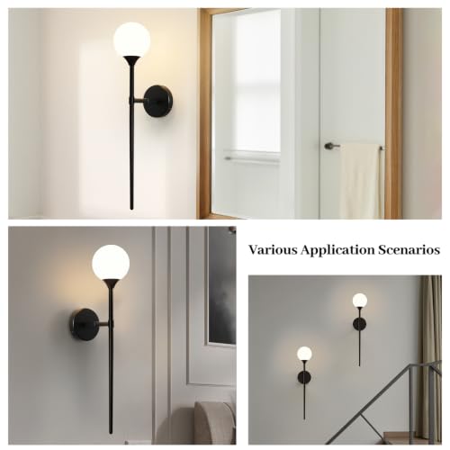 Single Black Globe Glass Wall Sconce with Milk White Glass Shade