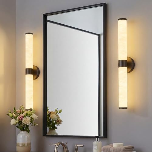 Natural Alabaster Wall Sconces Set of Two Modern Black LED Wall Lights 24" Spanish Marble Cylinder Sconces for Living Room Bedroom Bathroom Hallway Staircase (2 Count)