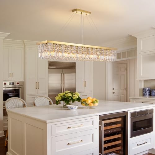 Rectangle K9 Crystal Chandelier Modern Gold Crystal Chandelier Rectangular Pendant Lighting Fixture for Dining Room Kitchen Island Bedroom L59'' x W10'' x H9''
