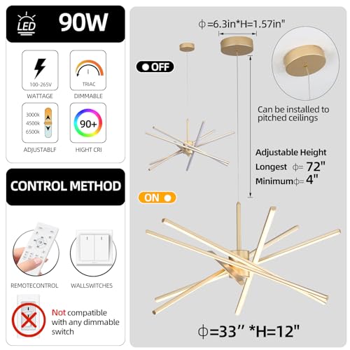 33 inches Modern Sputnik Chandelier 90W LED Chandeliers with Remote 3000