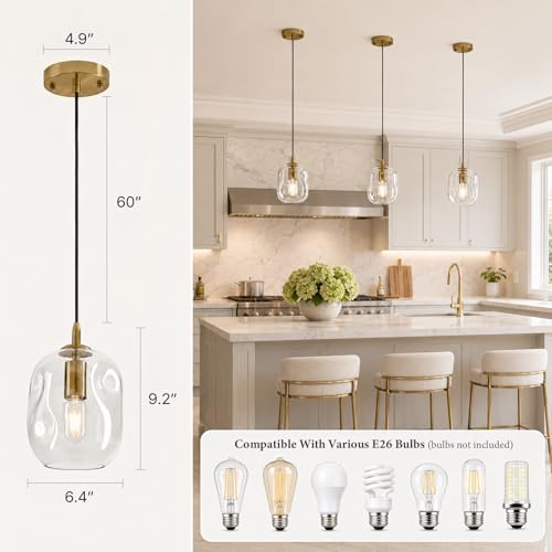 Gold Pendant Lights Kitchen Island Modern Organic Blown Globe Glass Light