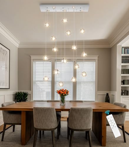 Crystal Rectangular LED Chandelier for Living Dining Room Light Dimmable High Ceiling Pendant Lights Fixtures Lighting Chandeliers for Foyer Entryway Lighting Polished Chrome