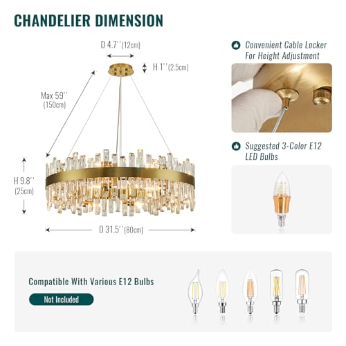 Modern Brass Gold Round Crystal Chandelier for Dining Room D31.5''