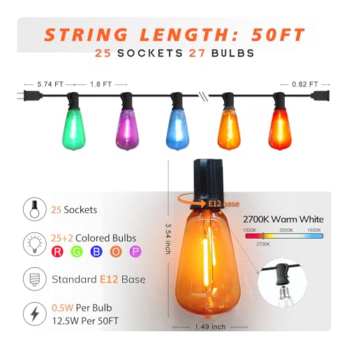 50FT Outdoor String Lights Multicolor Patio Lights Waterproof with 25+2 LED ST38 Colored Bulbs Shatterproof