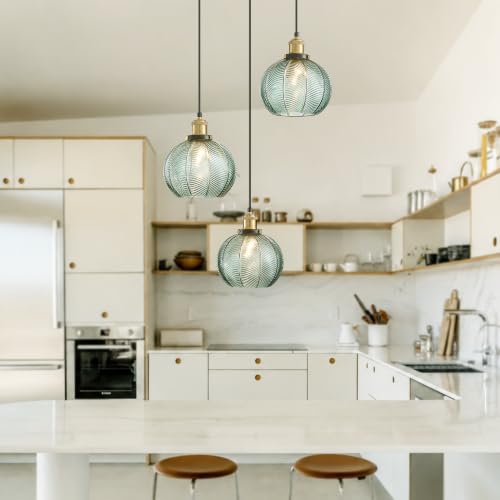 3 Light Vintage Green Striped Glass Cluster Pendant Light