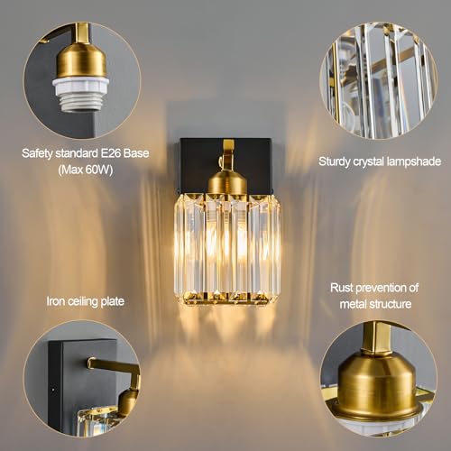 Modern Wall Sconce Set of Two Indoor Wall Lamp Black Gold Wall Sconces Crystal Wall Light Bathroom Vanity Light Fixtures Wall Mounted Room Sconce Wall Lighting (2 Count)