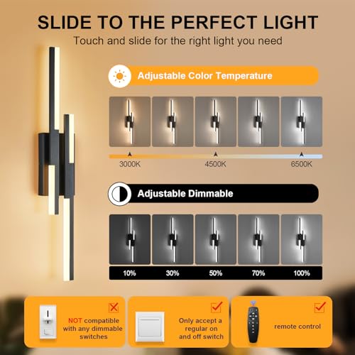Modern LED Wall Sconce Black Remote Wall Light Fixtures for Bathroom