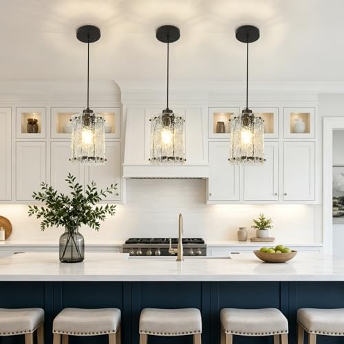 Black Pendant Lights Kitchen Island 1 Pack Modern Water Ripple Glass Pendant Lights Fixtures Round Adjustable Hanging Pendant Lighting for Kitchen Island Dining Room Over Sink Table Entryway