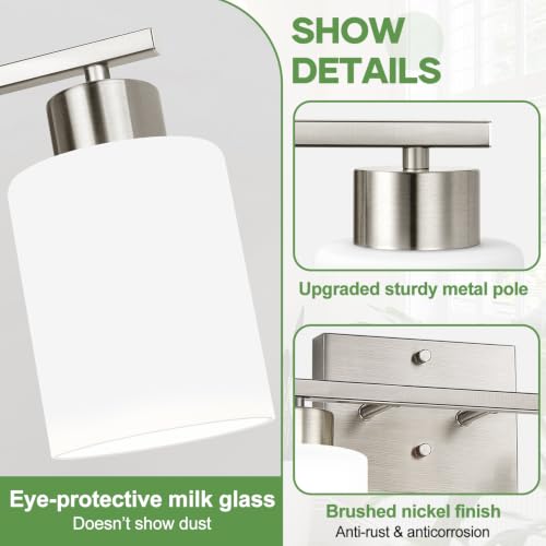 Brushed Nickel Bathroom Light Fixtures with Milk Glass Shades