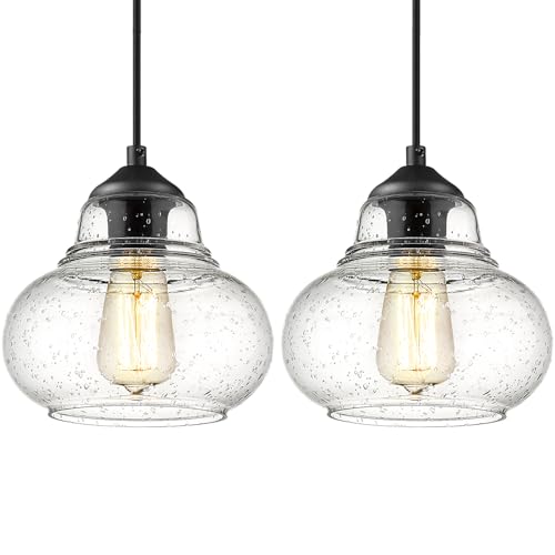 2 Pack Bubble Glass Pendant Light 8 inch Industrial Kitchen Hanging Pendant Light Fxitures Modern Hand Blown Seeded Glass for Farmhouse Dining Room Bar Bedroom Living Room Black (2 Count)