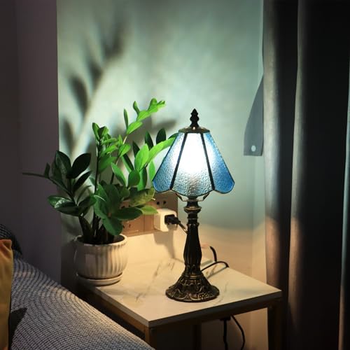 Tiffany Style Table Lamp Sea Blue Diamond Stained Glass Lamp 14 Inch