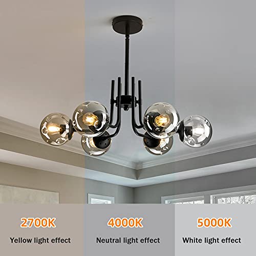 6 Lights Glass Globe Sputnik Chandeliers Modern Metal Ceiling Light Fixture Black Semi Flush Mount Chandelier for Living Room Dining Room Bedroom Farmhouse Kitchen