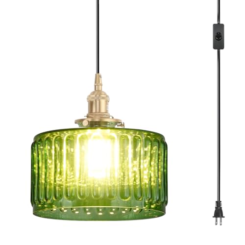Plug in Pendant Light Green Glass Pendant Lamp Striped Glass Shade Vintage Plug in Ceiling Hanging Lamp 1