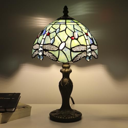 Tiffany Table Lamp Dragonfly Style Sea Blue Stained Glass Accent Lamp Bronze Resin Base 8X8X14 Inch