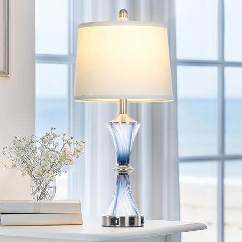 Blue Glass Table Lamp with USB C+A Ports & AC Outlet