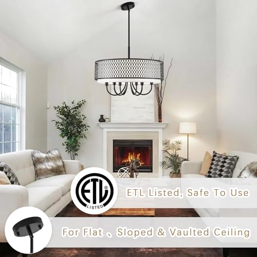 21.65" 6 Lights Large Black Chandelier with Drum White Shades