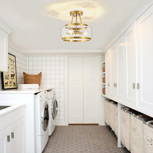 Gold Semi Flush Mount Ceiling Light Modern Glass Drum Ceiling Light Fixture