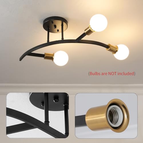3 Lights Modern Sputnik Semi Flush Mount Ceiling Light Fixture Black and Gold