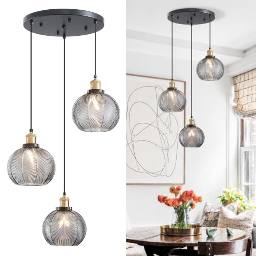 3 Light Modern Smoky Gray Striped Glass Cluster Pendant Light