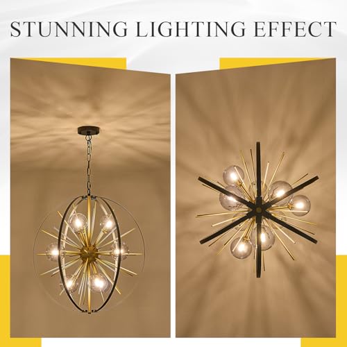 24" 9 Light Black Gold Sputnik Chandeliers with Smoke Glass Shade