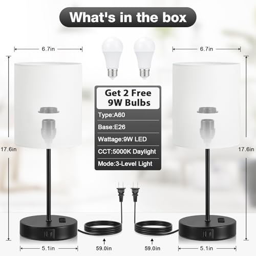 White Black Touch Lamps for Bedroom Set of 2 (2 Count)