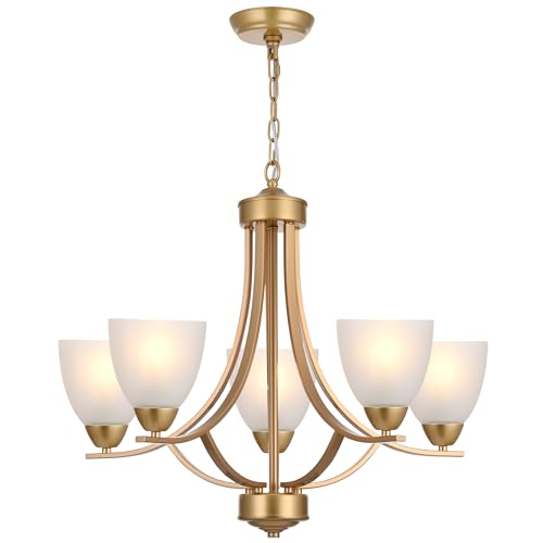 Modern Chandelier 5 Light Mid Century Alabaster Glass Classic Hanging Chandeliers in Gold Finish Pendant Light Fixtures for Dining Room