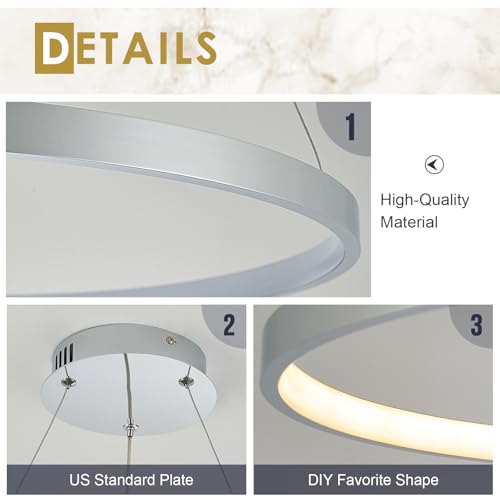 Nickel LED Ring Chandelier 24" Remote Control Dimmable Flush Mount Pendant Chandelier for Dinning Room Office Kitchen Living Room