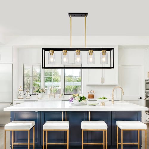 5 Light Dining Room Light Fixture Modern Farmhouse Chandeliers Over Table Black & Brushed Brass Gold Rectangular Pendent Lighting for Kitchen with Glass Shade Hanging Industrial Ceiling Light
