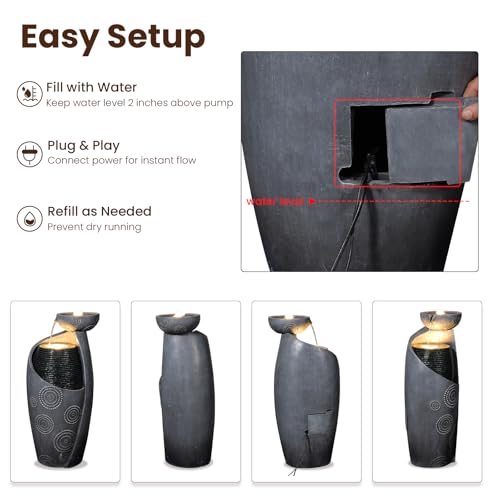 Outdoor Water Fountain Feature Indoor Garden Large Jar Floor Standing Fountains Waterfall with LED Light & Pump for Home Decor Office Yard Patio Deck Porch