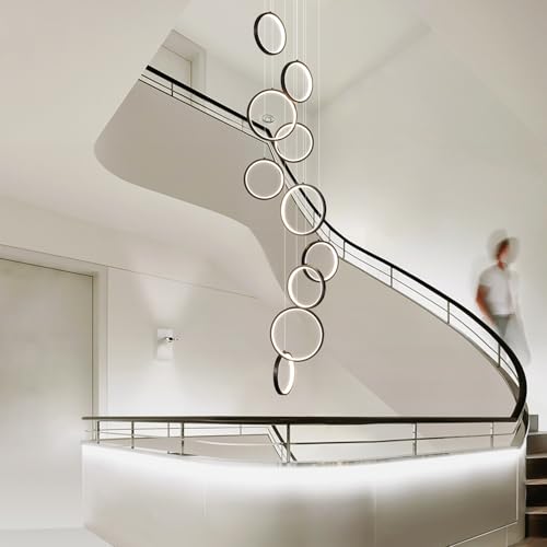 Modern 10 Ring Black LED Chandelier for High Ceilings and Foyers
