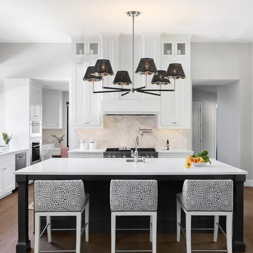 39" Boho Rattan Chandelier Large Adjustable Modern Black and Brushed Nickel Pendant Light for Kitchen Island Dining Living Room
