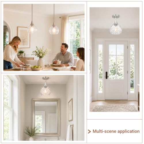 Brushed Nickel Pendant Lights 2 Pack with Hammered Glass for Kitchen Island (2 Count)