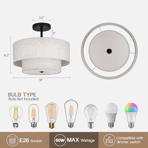 18 Inch Large Semi Flush Mount Ceiling Light Fixture with Dual Drum Design