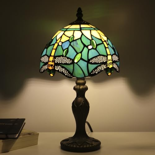Tiffany Table Lamp Dragonfly Style Blue Yellow Stained Glass Accent Lamp Bronze Resin Base 8X8X14 Inch