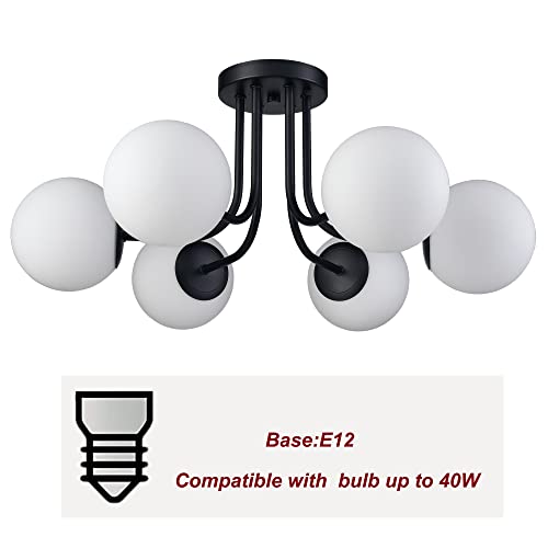 Modern 6 Light Black Metal Ceiling Light with Globe White Glass